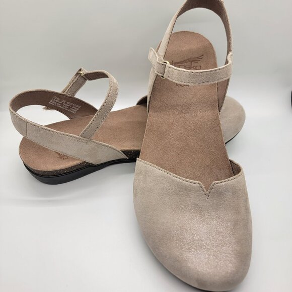 Dansko Rowan Suede Ankle Strap Clogs Beige Sparkle Leather Size 38 Comfort Shoes - Picture 12 of 16
